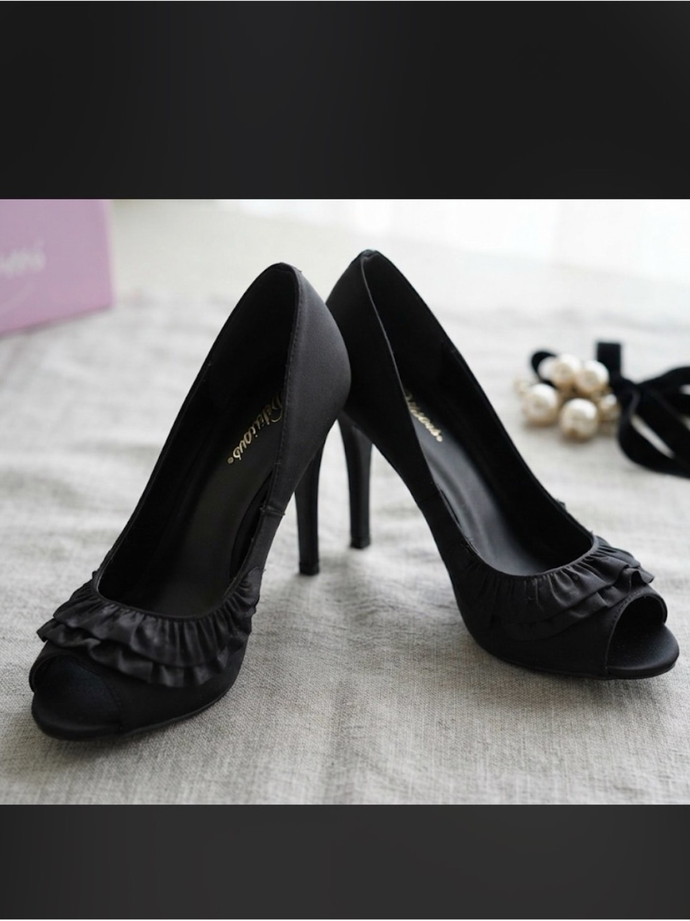 Delicious Black Satin Ruffled Peep Toe Stiletto Heels - Women's Size 9 M